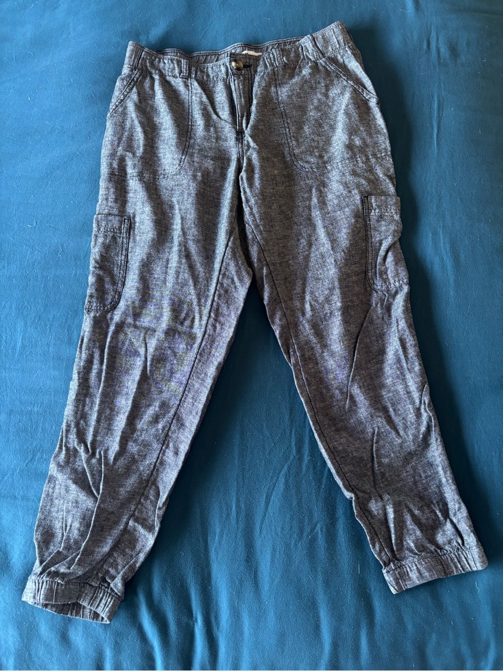 Sonoma Black Heathered Elastic Waist Pants Linen Blend Cargo pockets size 12